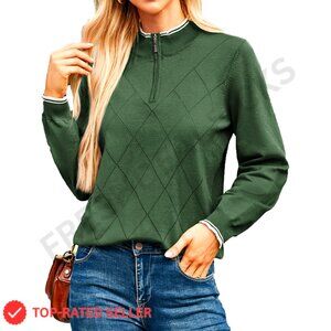 Argyle Ribbed Knit Pullover Quarter Zip Polo Sweater Classic Preppy Chic